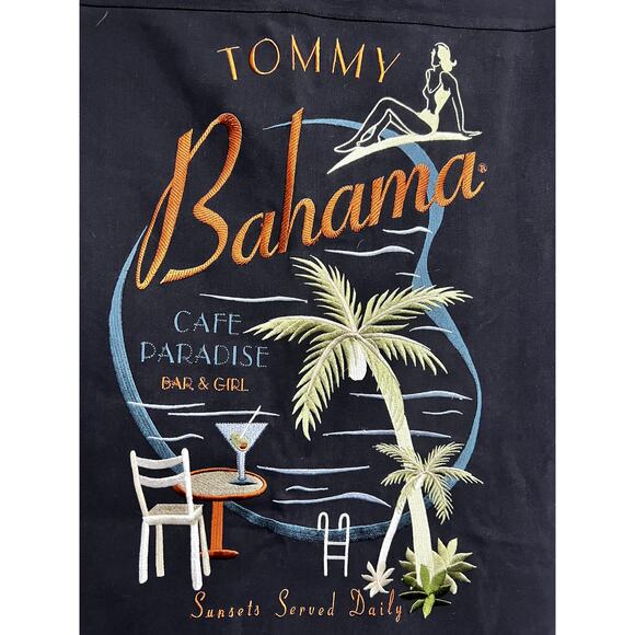 Tommy Bahama Black Embroider Vintage Hawaiian Button Up Silk Shirt M Pocket - Picture 4 of 8